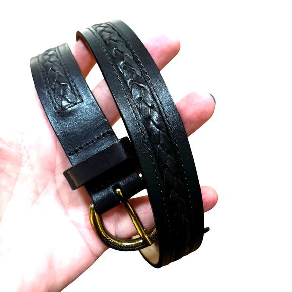 Talbots Navy Blue leather belt brass buckle textured braided classic preppy S - Picture 5 of 7